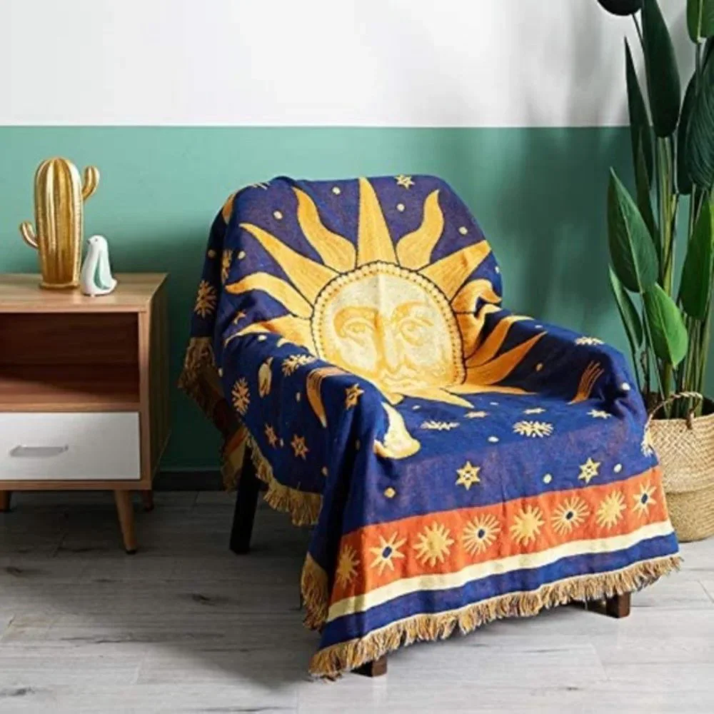 Bohemian Vintage Sun/Moon Retro Reversible Throw Blanket for Sofa/Bed/Dorm/Patio